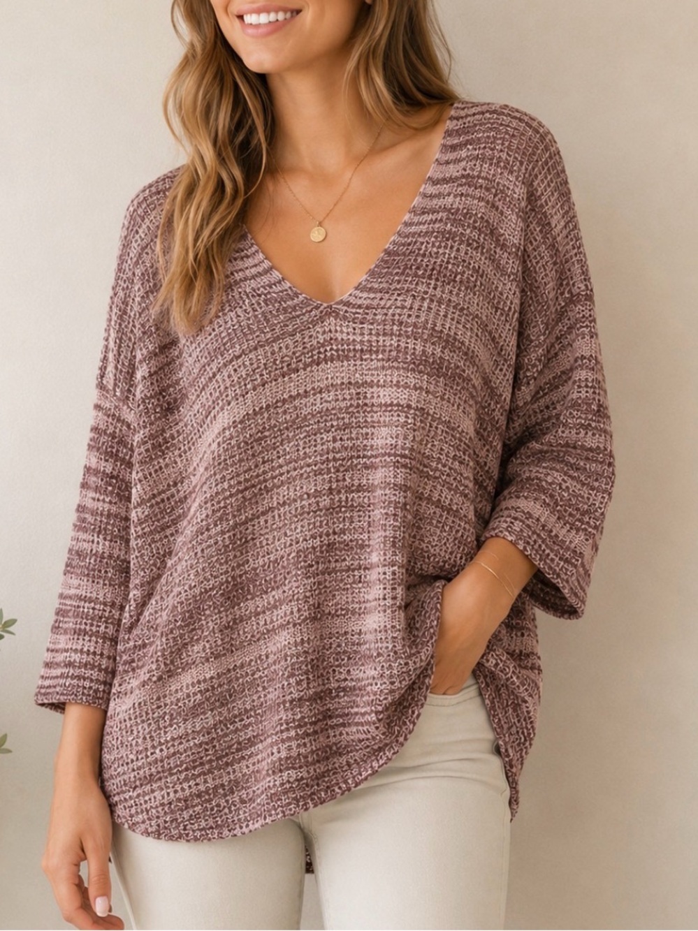 NWT Express Marled Knit Oversized V-Neck Sweater Women’s Size Small Pink Taupe